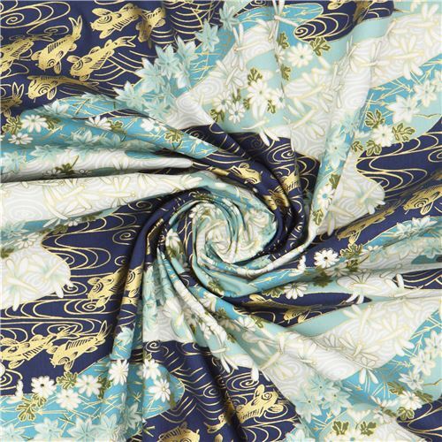 Remnant (23 x 112 cm) - Trans-Pacific Textiles koi and flower fabric in metallic gold and blue 5