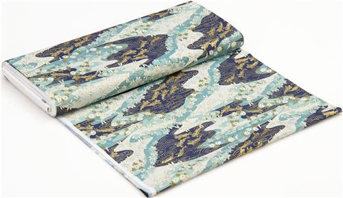 Remnant (23 x 112 cm) - Trans-Pacific Textiles koi and flower fabric in metallic gold and blue 6