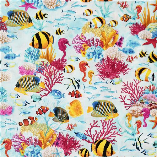 tessuto pesci tropicali multicolori animali marini Timeless Treasures Tessuto