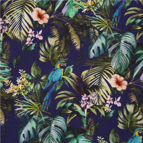 Follaje Tropical Loros Azules Tela