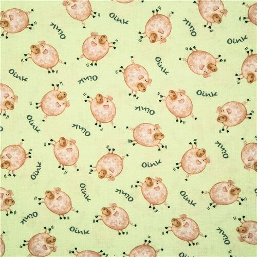 Tissu en coton vert américain avec des cochons pêche dans tous les sens Oink Tissu