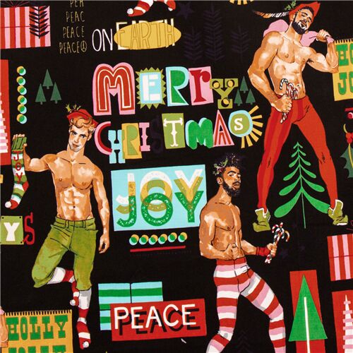 USA black fabric topless handsome men holiday joy elves Alexander Henry fabric Fabric