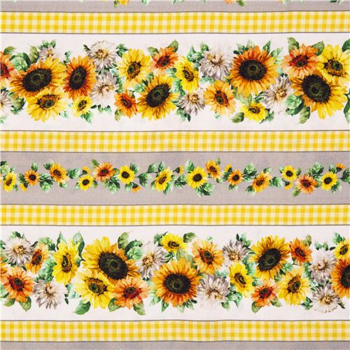Tela de algodón de EE. UU. con rayas de girasoles gris amarillo Tela