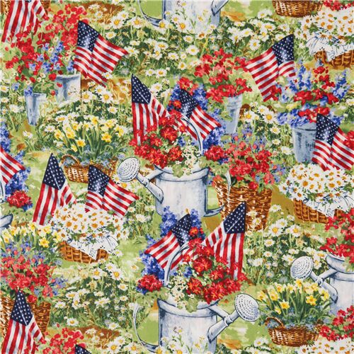 Tissu fleurs jardin et drapeaux amricains multicolores Tissu