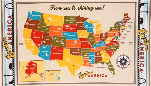 USA map American panel fabric 'Explore America' Robert Kaufman  Fabric