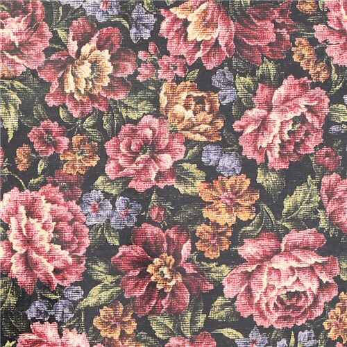 Tissu Oxford laminé style tapisserie avec des fleurs vintage et des roses roses Tissu
