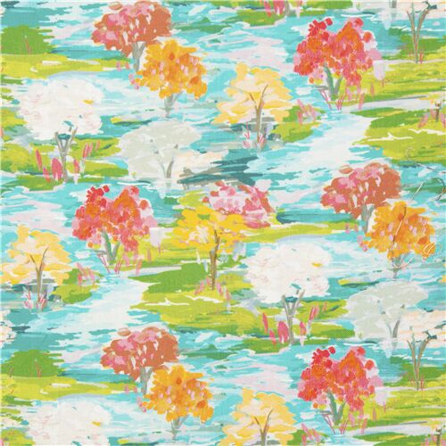 Tissu en coton scne de campagne, arbres, style aquarelle Tissu