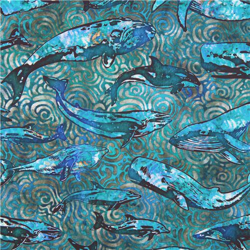 Whales on teal blue swirl batik fabric Quilting Treasures US Fabric