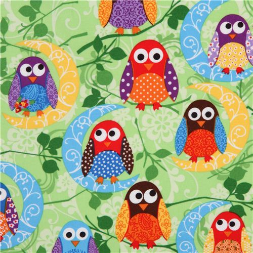 What a Hoot green moon owl flannel fabric designer fabric Fabric