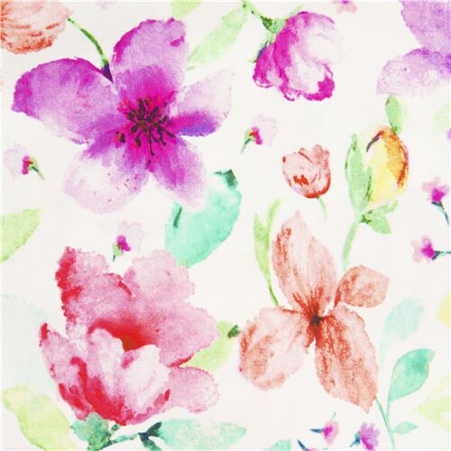 Tissu en coton blanc fleurs roses violettes orange vertes Tissu