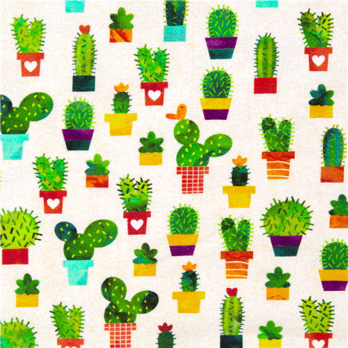 Tela de punto lisa con plantas blancas macetas cactus ancho extra Tela