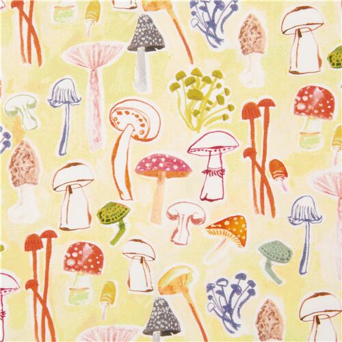 tessuto giallo funghi rosso corallo rosa pesca rossi blu verdi Tessuto