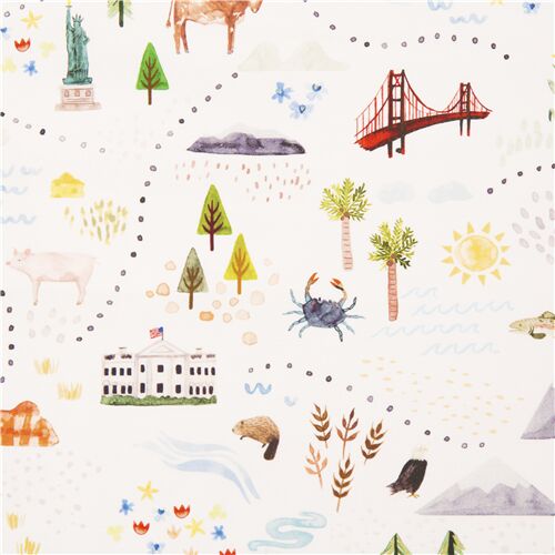 Tela con mapa aventuras algodn blanco naturaleza iconos Tela