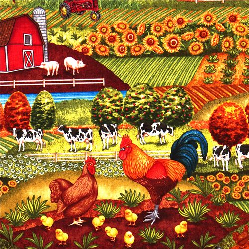 Tier-Stoff mit Bauernhof Huhn Kuh Robert Kaufman 1