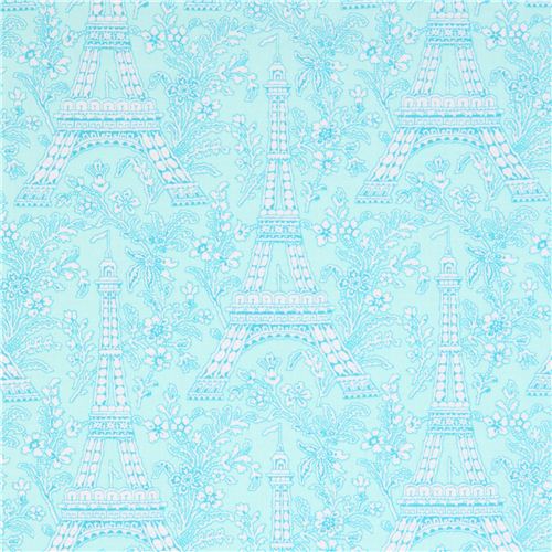 Tissu Michael Miller Paris Eiffel Tower Petite Paris aqua, Tours Eiffel, fleurs Tissu