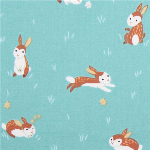aqua rabbit animal Clothworks organic fabric Critter Patch Fabric