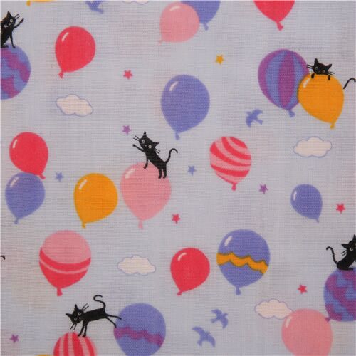 tessuto giapponese blu gatti palloncini nuvole cotone doppio velo - Ritagli (110cm x 50cm)