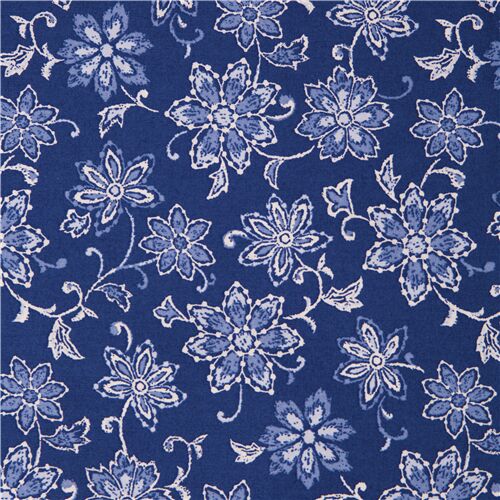 Batik Indigo Blue Toned Florals and Lace Fabric