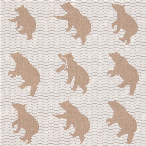 Tela de lona marrón con doble estampado de osos y sus huellas zarpa Kokka Japón Tela