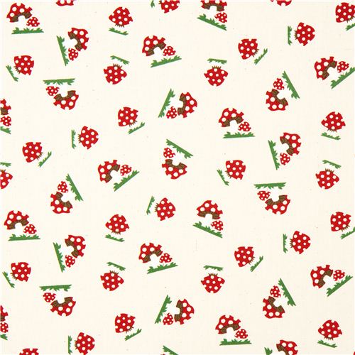 beige Kokka oxford fabric with toadstools from Japan 2