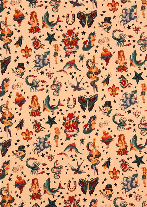 Resto de (38 x 114 cm) - Tela beis natural tatuaje dibujo cl�sico USA Alexander Henry 2