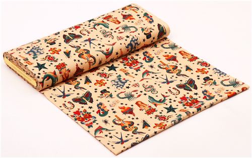 Resto de (38 x 114 cm) - Tela beis natural tatuaje dibujo cl�sico USA Alexander Henry 4