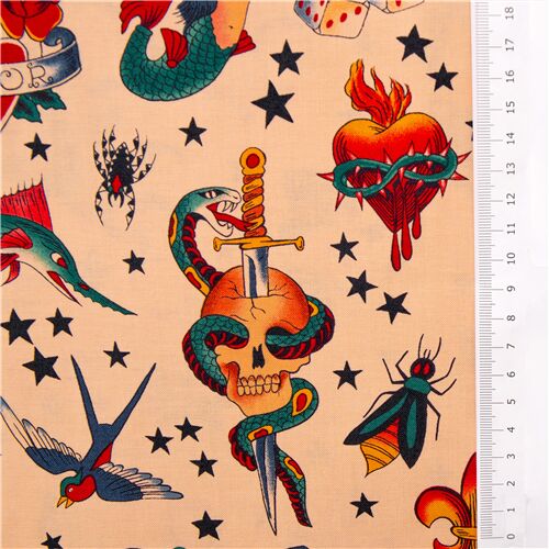 Resto de (38 x 114 cm) - Tela beis natural tatuaje dibujo cl�sico USA Alexander Henry 3