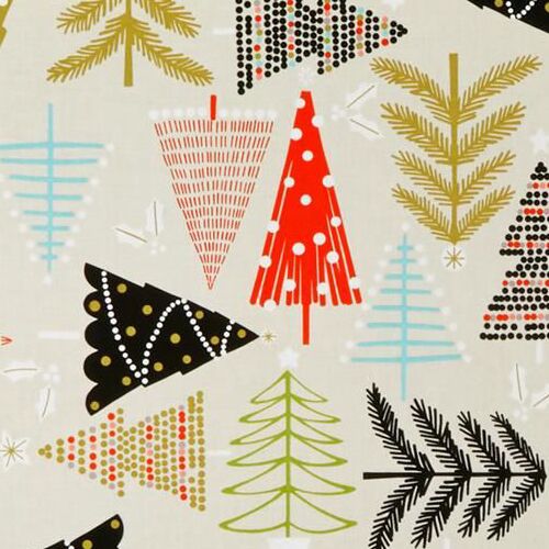Tela beis con rboles de Navidad en naranja negro de Alexander Henry Tela