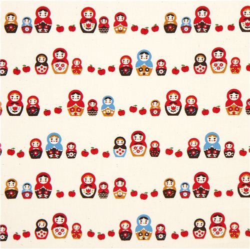 beige Kokka oxford fabric with matryoshka doll & apple 2