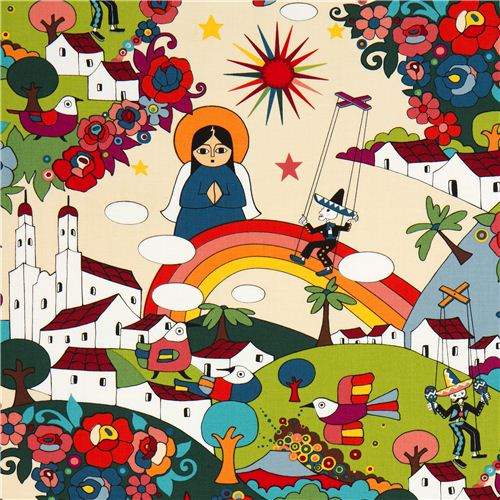 Tissu Alexander Henry beige motifs de folklore mexicain Tissu