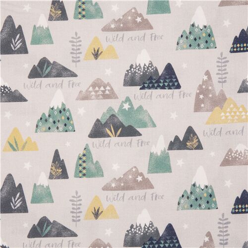 Tissu en coton beige avec des montagnes et arbres styliss Tissu