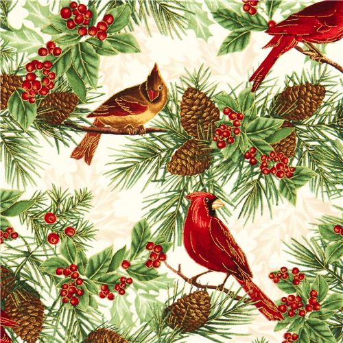 beige Timeless Treasures Christmas fabric birds fir cone Fabric