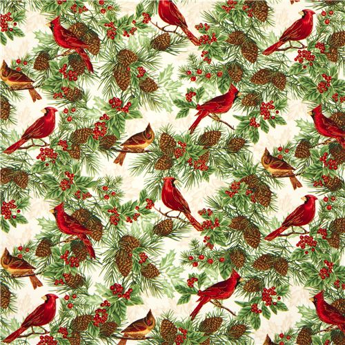 beige Timeless Treasures Christmas fabric birds fir cone 2