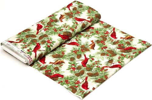 beige Timeless Treasures Christmas fabric birds fir cone 3