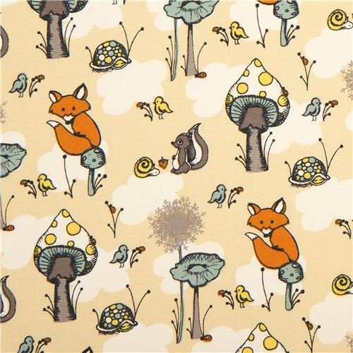 beige birch organic fabric from the USA animals & mushrooms 1
