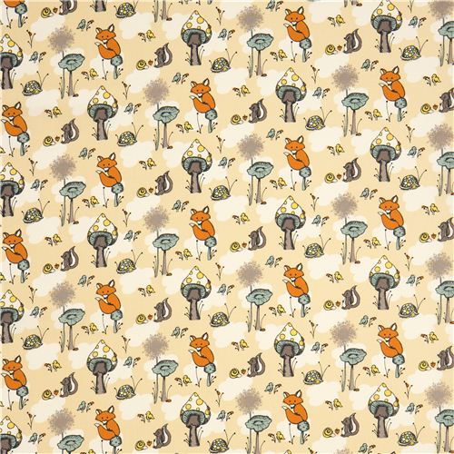 beige birch organic fabric from the USA animals & mushrooms 2