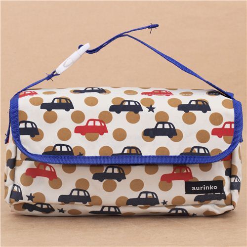Sac distributeur de mouchoirs beige et bleu  pois avec des voitures par Decole