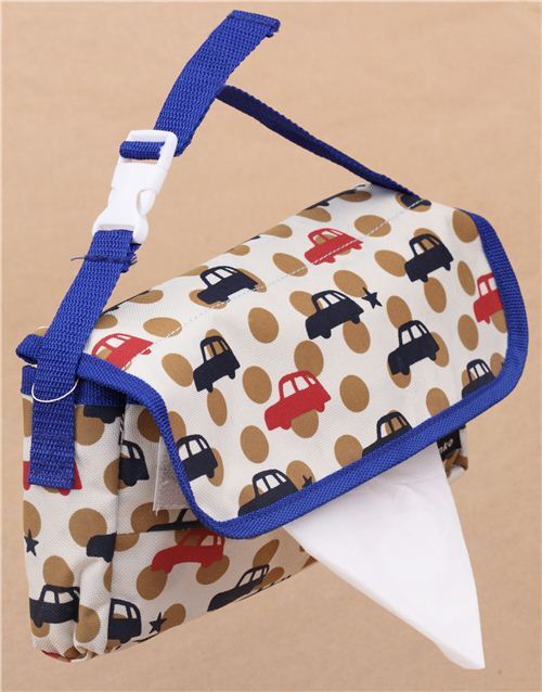 Sac distributeur de mouchoirs beige et bleu  pois avec des voitures par Decole 2