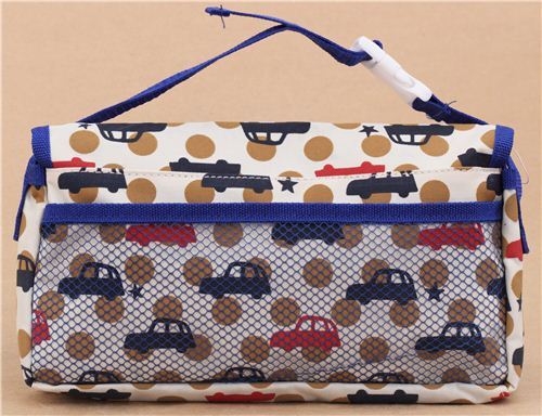 Sac distributeur de mouchoirs beige et bleu  pois avec des voitures par Decole 3