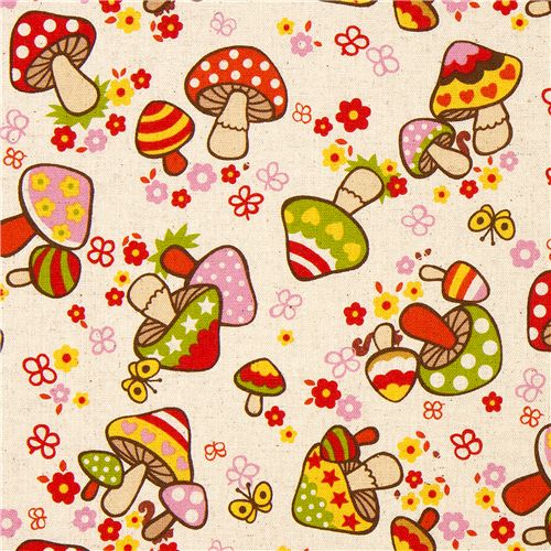 Toile Kokka kawaii beige motif champignons multicolores Tissu