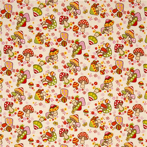 beige canvas fabric colourful kawaii mushrooms Kokka 2