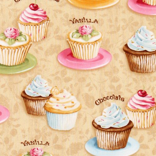 beige cupcakes fabric cherry Robert Kaufman kawaii 1