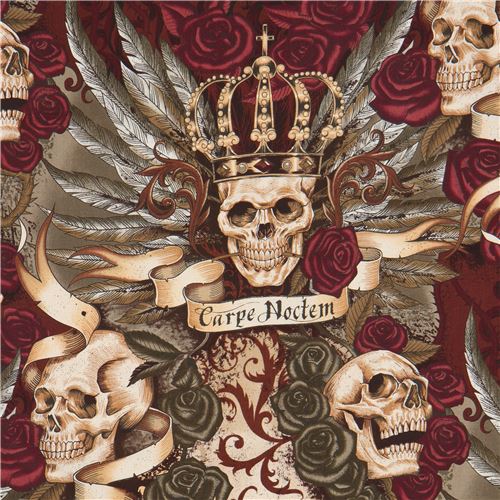 Stoff in Beige und Dunkelgrn mit Totenschdeln und Rosen von Alexander Henry Stoff