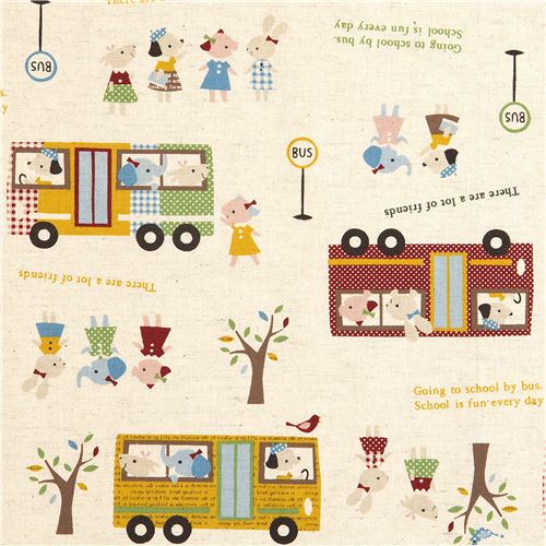 beige lino fabric animal children in school bus Kokka 1