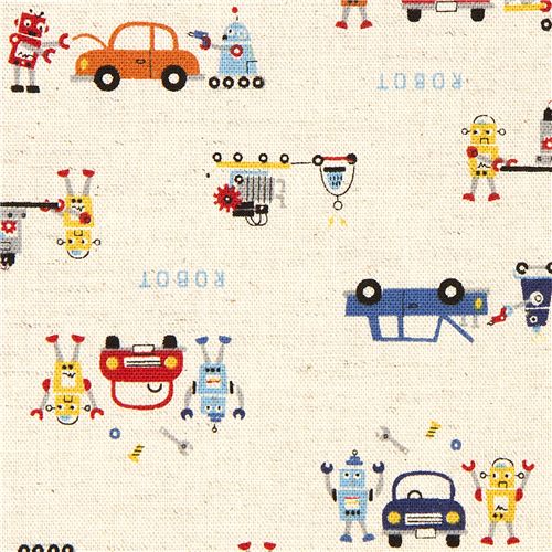beige lino fabric robots cars de Kokka Japan 1