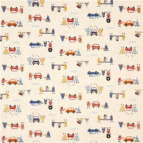 beige lino fabric robots cars de Kokka Japan 2