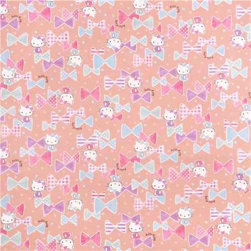 Tissu Oxford Kokka beige rose marron pastel Hello Kitty, noeuds et confettis 0