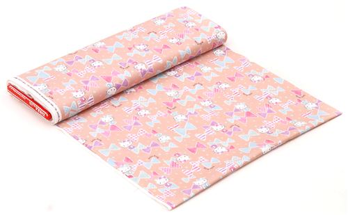 Tissu Oxford Kokka beige rose marron pastel Hello Kitty, noeuds et confettis 0