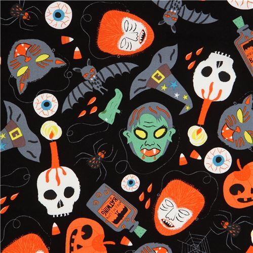 black Alexander Henry Halloween fabric with skulls and cats Fabric