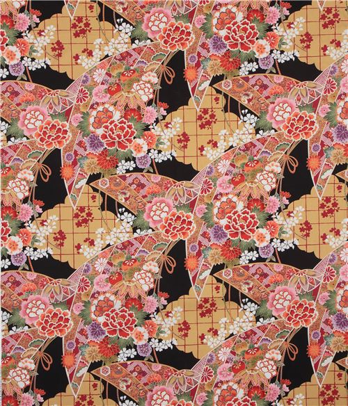 Chutes de tissu de (30 x 112 cm) - Tissu Alexander Henry, fleurs multicolores, d�co or m�tallique, G 2